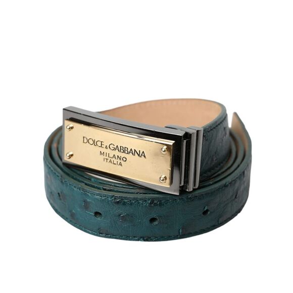 Dolce & Gabbana Green Leather Gold Logo Engraved Buckle Women's Belt